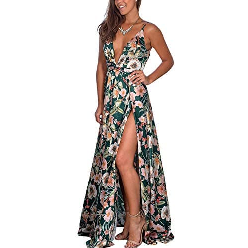 Women's Deep V Neck Backless Spaghetti Strap High Split Floral Maxi Dress Cocktail Party Long Dress