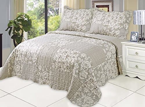 Microfiber Quilt set,prewashed, preshrunk. Hypoallerginic, Print pattern Stitched with Threads, Full/Queen bed-cover with 2shams , AS coverlet bedcover