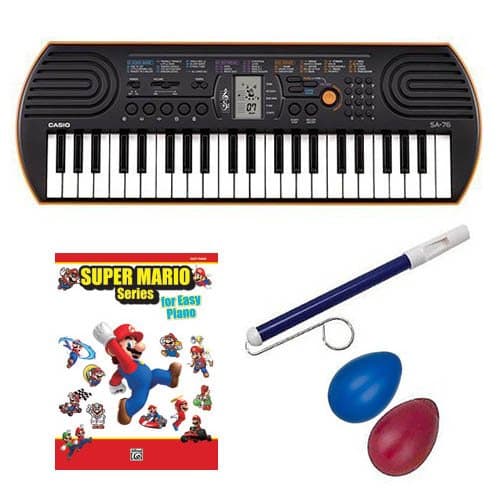 Casio SA-76 44 Key Mini Keyboard Bundle Includes Bonus Super Mario Piano Book Series for Easy Piano w/Red Slide Whistle &amp; Rhythm Shaker Percussion