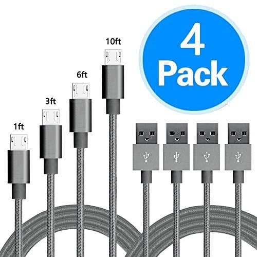 Micro USB Cable, Daker 4Pack 1FT 3FT 6FT 10FT Nylon Braided High Speed Tangle-Free Micro USB Charging Cable Cord Android USB charger for Samsung Galaxy S7 Edge/S6/S5,Note 5,LG,Nexus,HTC,Tablet (Grey)
