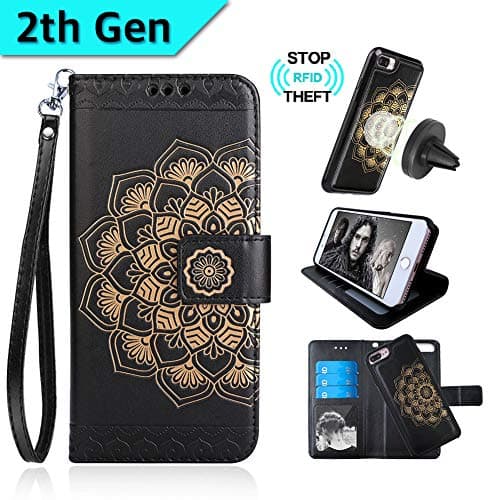 CASEOWL Mandala Embossed Upgrade Version Wallet Case for iPhone 8-Plus&7-Plus,Magnetic Detachable TPU Case,RFID Protection,2-Way Stands,Fit Car Mount,Card Slots Holder,Wrist Strap[Black][2th Gen]