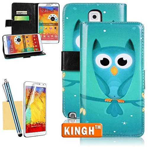 Note 3 Case, Samsung Galaxy Note 3 Case, KINGH PU Leather Wallet Case [The Owl] For Samsung Galaxy Note 3, With Stylus, Screen Protector and Cleaning Cloth-[Light Blue]