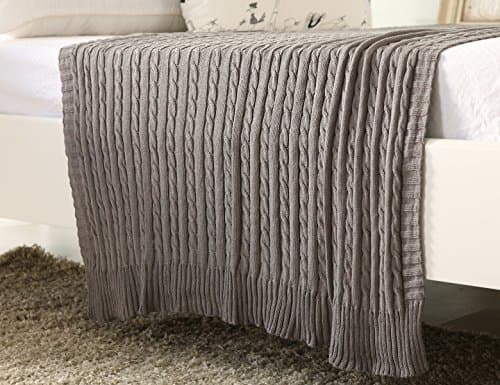 100% All Cotton Knit Throw for Sofa Classic Cable Pattern, 70x78 Inches, Lightweight Ideal for All Year Round Use, Grey