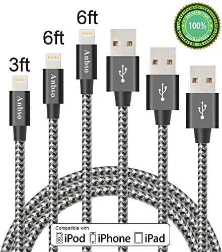 Anbso 3FT 1Pack 6FT 2Pack Lightning Cable Nylon Braided Charging Cable USB Cord for iphone 7,7 plus iphone 6s,6s plus,6plus,6,5s 5c 5,iPad Mini, Air,iPad5,iPod 7on iOS10.(black &amp; white)