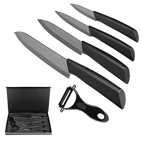 Ceramic Knife Set, BELLSTYLE Ceramic Kitchen Knives 5-Pcs ( Includes 6" Chef's Knife, 5" Utility Knife, 4"Fruit Knife,3" Paring Knife and 1 Fruit Peeler) with Sheath, Black