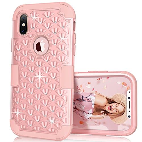 iPhone X Case, VPR iPhone X Bling Case [Hard PC+ Soft Silicone] Heavy Duty 3 in 1 Diamond Studded Hybrid Shockproof Case Full-Body Protective Defender Cover for Apple iPhone X (2017) (RoseGold)