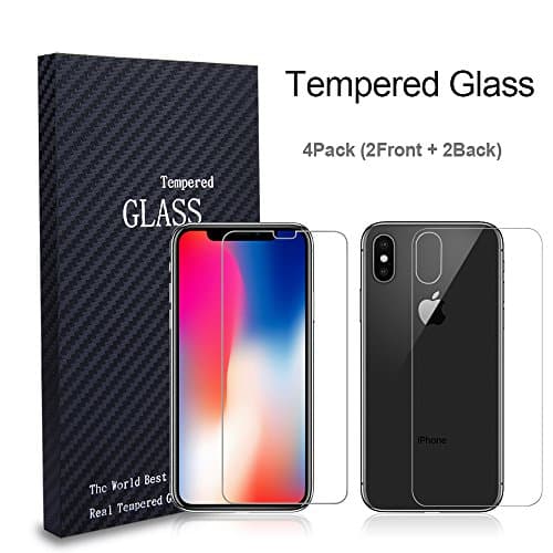 iPhone X Front and Back Screen Protector, JuBlack Tempered Glass iPhone X Front Screen Protector and Back Protector Clear Front + Back Tempered Glass Screen Protectors for Apple iPhone X 2017 (4 Pack)
