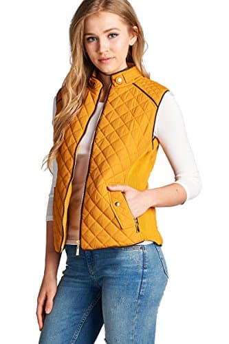 Women's Basic Solid Quilted Padding Jacket Vest Suede Piping Details With Pockets (Medium, Dark Mustard)