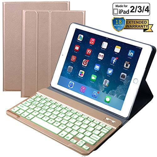 Eoso Keyboard Case for iPad 2/3/4 Built-in Wireless Slim Shell Magnetic PU Protective Cover with 7 Color Backlight for Men Women (Backlit Gold)