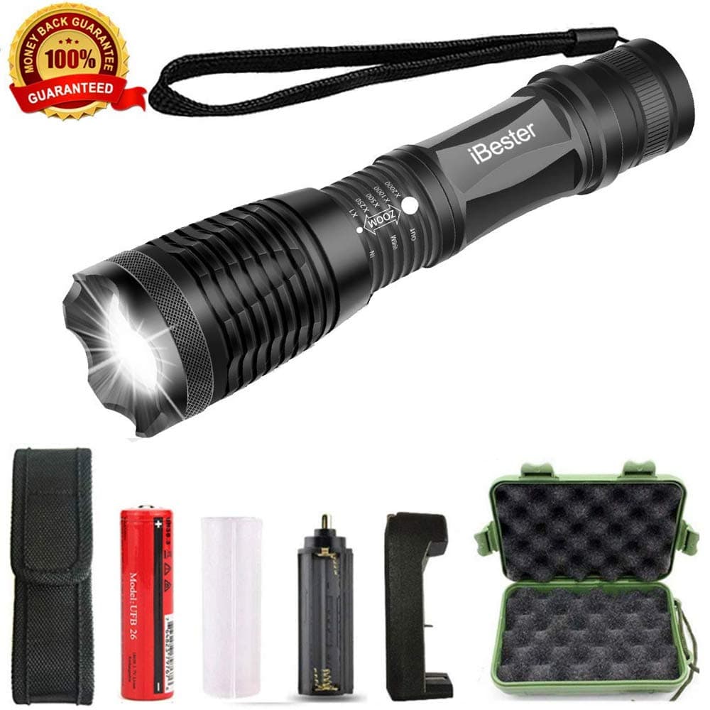 LED Tactical Flashlight - iBester High Powered Flashlight with Rechargeable Battery & Charger & Holster, High Lumen, Portable, Zoomable, 5 Modes, Water Resistant, Perfect for Camping, Outdoor