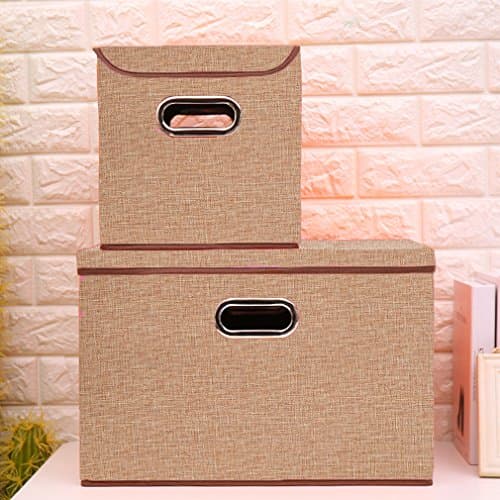 IBTHOUSE Collapsible Storage box, Fabric Foldable Storage bins Containers Boxes with Lids for Nurseries, Offices, Closets, Home Decor, Set of 2 (khaki)