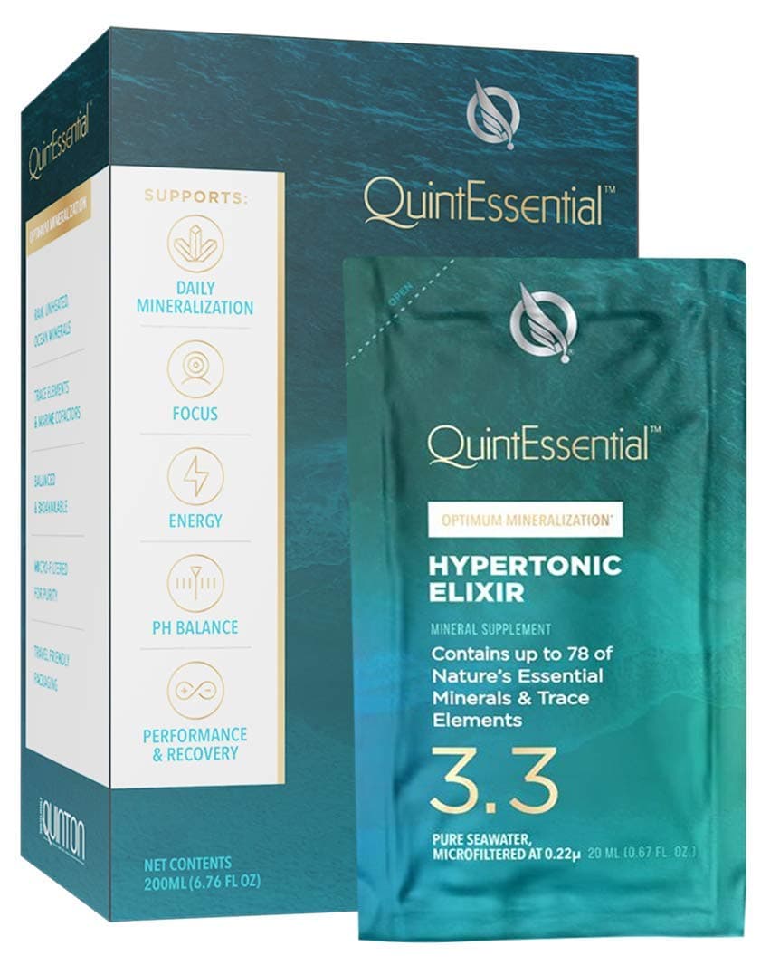 QuintEssential Hypertonic Elixir 3.3 Liquid Packets - Optimum 2X Mineralization Formula with 78 Ocean Minerals, Electrolytes & Trace Elements to Support Focus, Energy + Performance (10 Sachets)