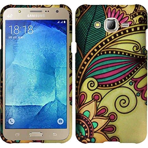 Premium Rubberized Snap-On Hard Shell Protective Case for Samsung Galaxy J7 SM-J700 (2015) + LCD Screen Protector [SlickGearsTM] (Golden Flower)
