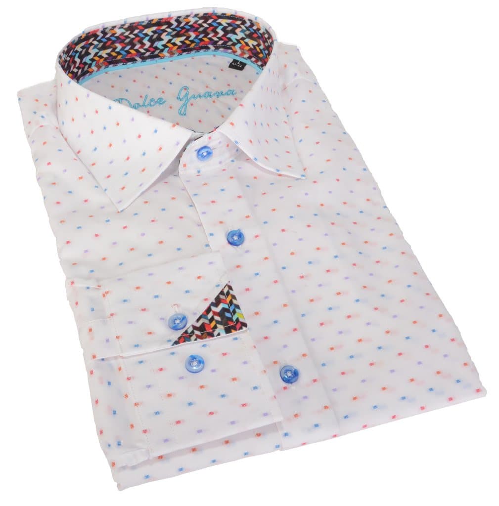 White Multi-Colored Polka Dotted Button Down Semi-Fitted Shirt