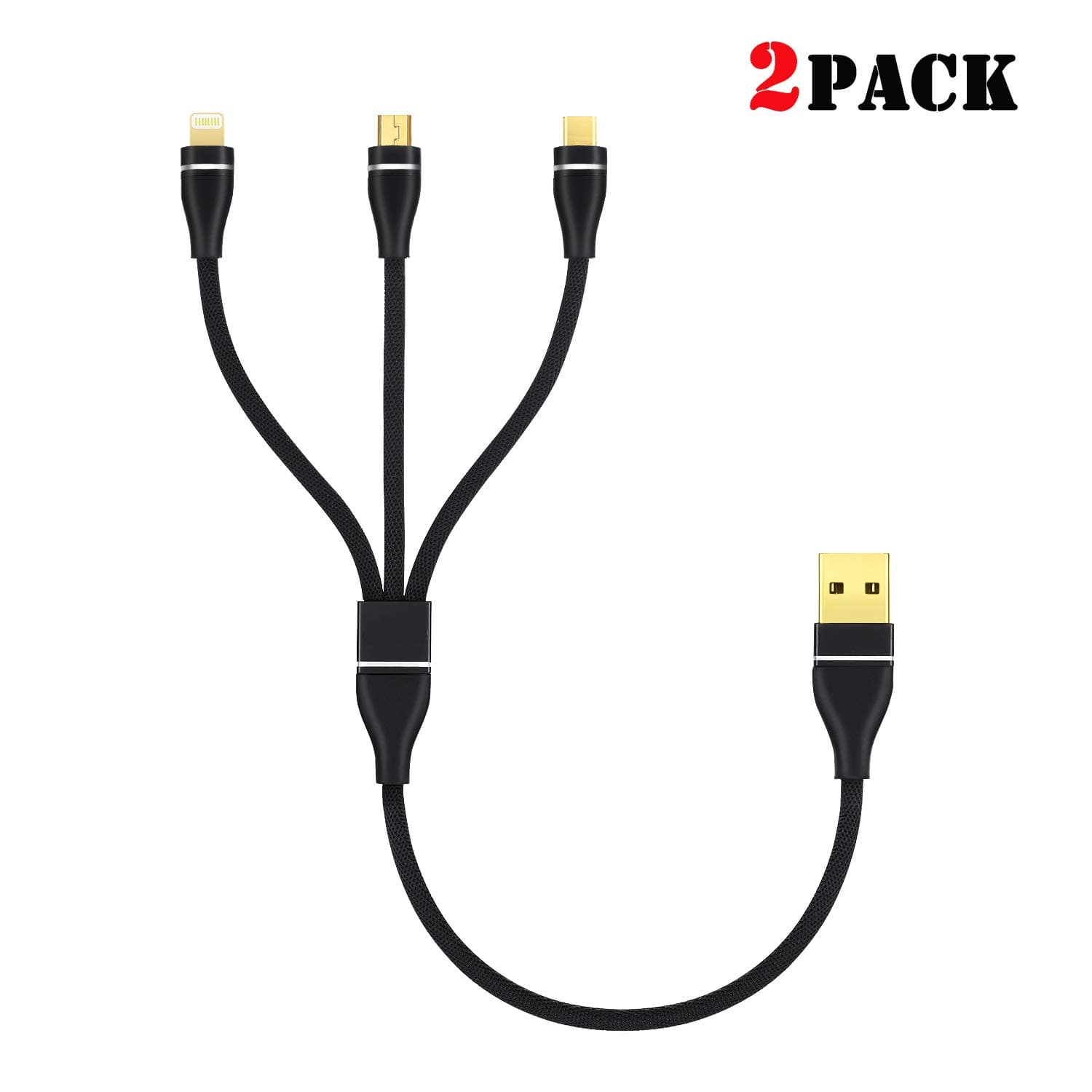 2Pack 1ft Multi Charging Cable Bolatus Short 3-1 Multiple Devices Phone Connector Universal Charger Cord Adapter Compatible with Cell Phone Tablets and More (Black, 1FT-2Pack)