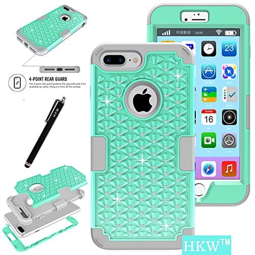 iPhone 7 Plus Case,iPhone 7 Plus Bling Case,HKW (TM) Bling Rhinestone 3 IN 1 Armor Defender Shockproof Back Case Protective Cover for Apple iPhone 7 Plus Diamond Case (Mint Green /Grey) (MA1835)
