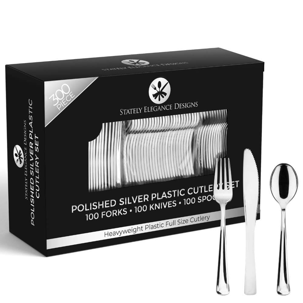 Stately Elegance Designs 300 Piece Silver Plastic Silverware Set – Includes Forks, Knives and Spoons – Silver Cutlery – Heavy Duty Durable Disposable Flatware Set