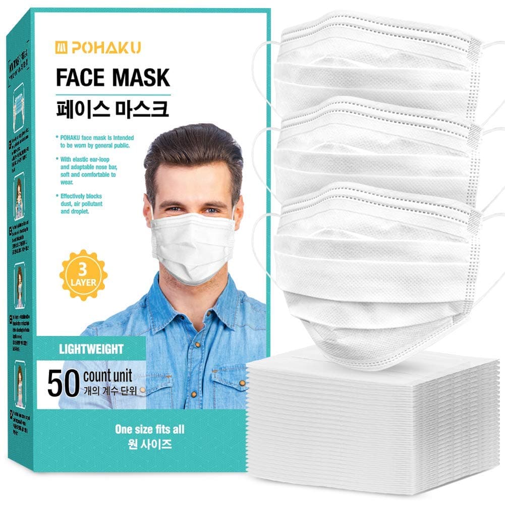 POHAKU Disposable Resipator with Extra Soft Elastic Ear Loop and 3 Ply Breathable (50 PCS) - White