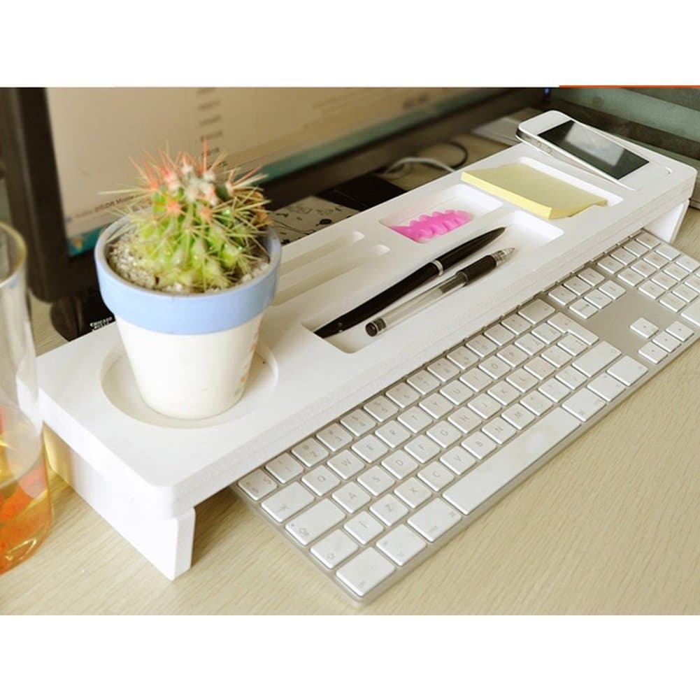 gshhd0 Desktop Organizer, Small Objects Storage Rack Keyboard Commodity Shelf with 7 Compartments Anti dust Shelf Over Keyboard for Phone Keys Glasses Office Supply Cup Holder(White)