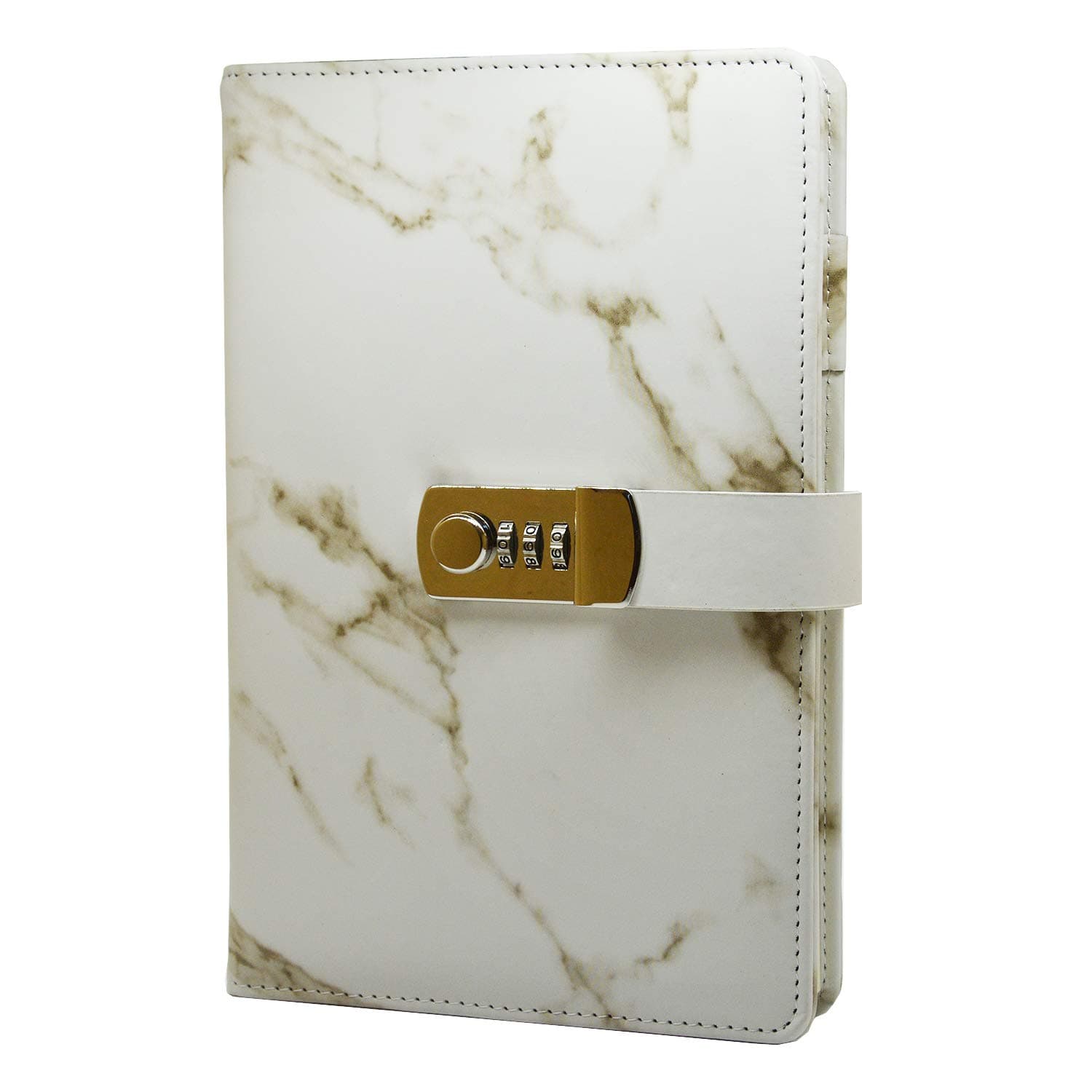 Lirener PU Leather Password Notebook(Marble pattern), A5 Size Wire Binding Fashion Daily Notebook Password Diary Sketchbook Planner Organizer with Combination Lock Pen Holder, 150x218mm