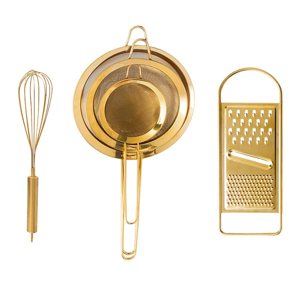 Kitchen Utensils Set Baking Tools Creative, Stainless Steel Include Kitchen Sieve Set (3pcs), Whisk, Grater,Gold