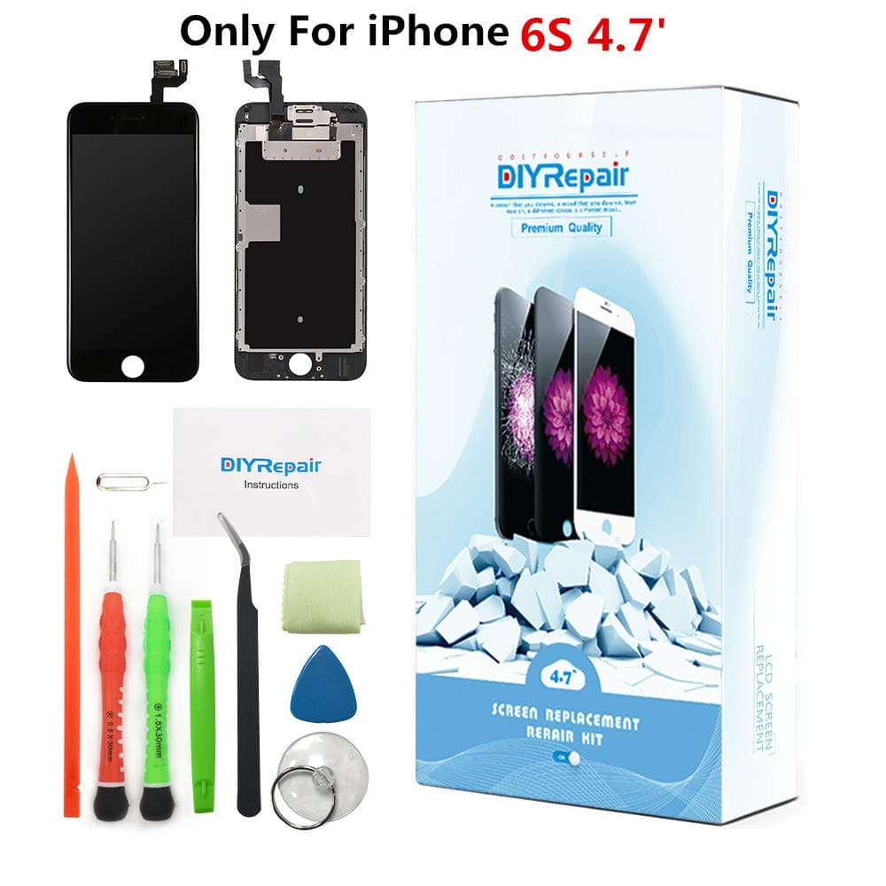 Premium Screen Replacement For iPhone 6S 4.7' - LCD Complete Repair Kit Display 3D Touch Digitizer Assembly With Earpiece, Front Camera, Proximity Sensor, Tempered Glass, Tools, Instruction (Black)