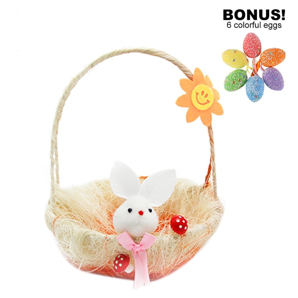 Easter Basket, MeeQee Easter Egg Basket with 6pcs Colorful Eggs for Kids Easter Egg Hunts, Easter Decoration Gifts – Light Yellow