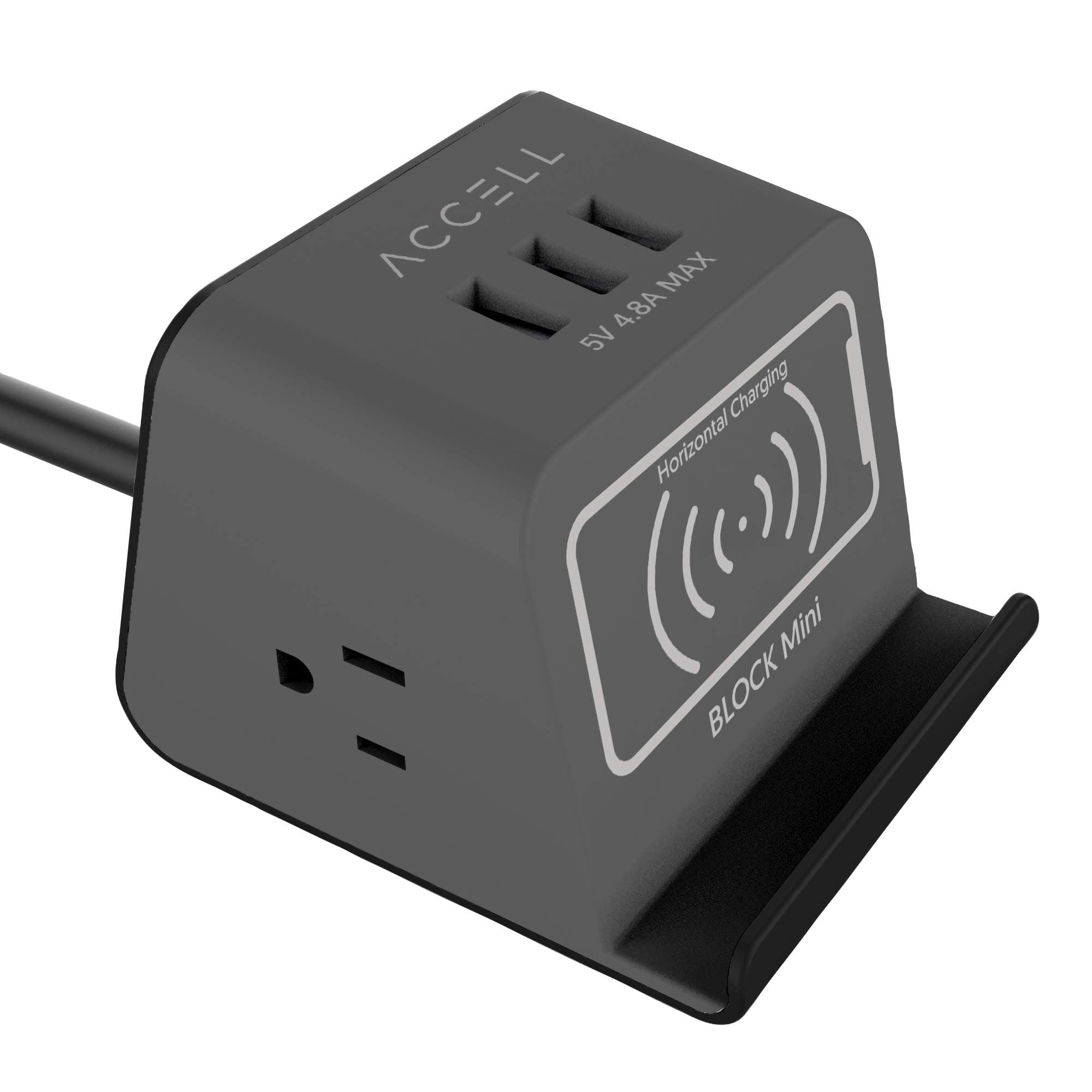 Accell Power Wireless Block Mini - Compact Surge Protector with Qi-Compatible Wireless Charging Stand - 3 USB Type A ports, 2 AC Outlets, 5-Foot Cord - Black