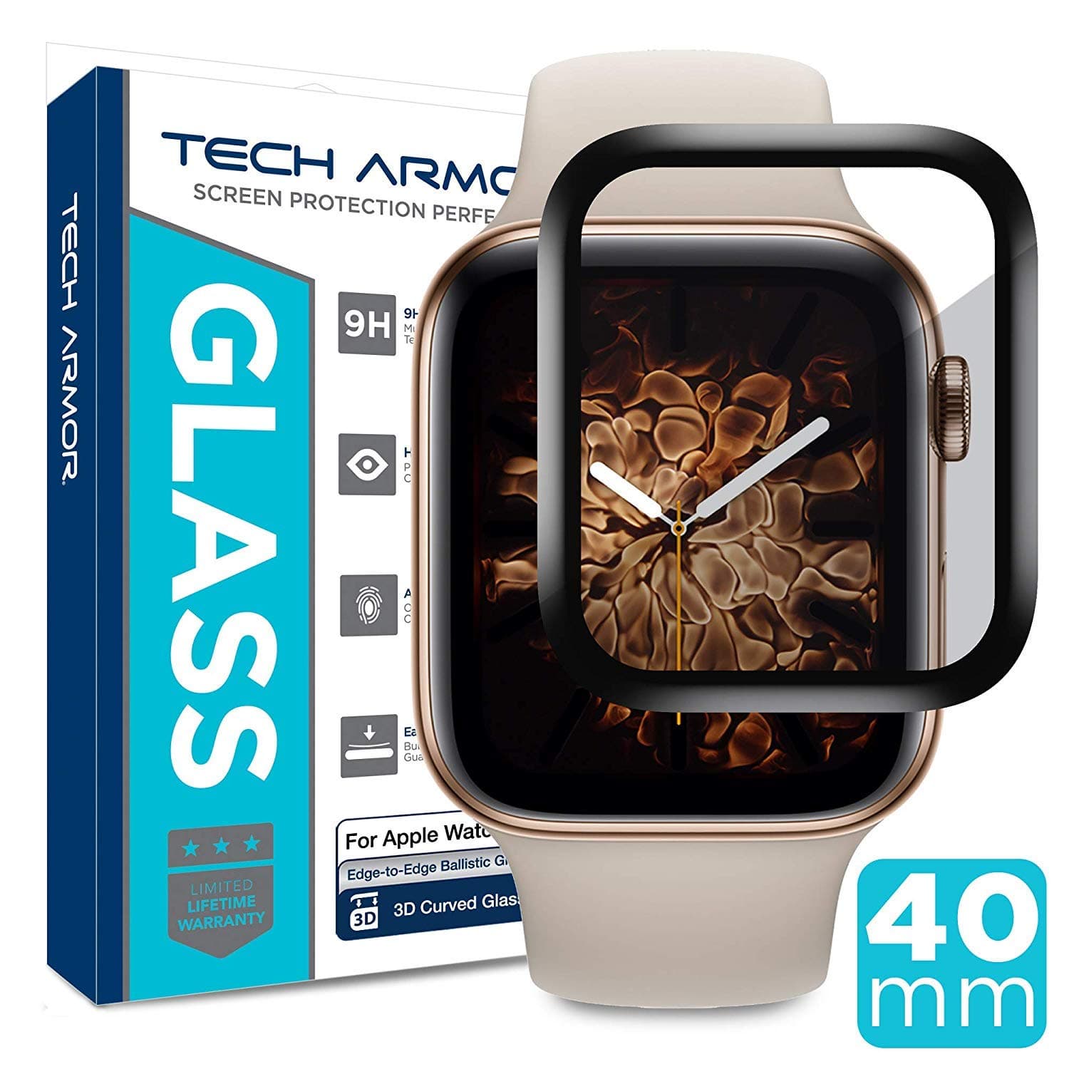 Tech Armor 3D Curved Edge Glass Screen Protector Designed for Apple Watch Series 4 / Series 5 40mm (Black) [1-Pack]