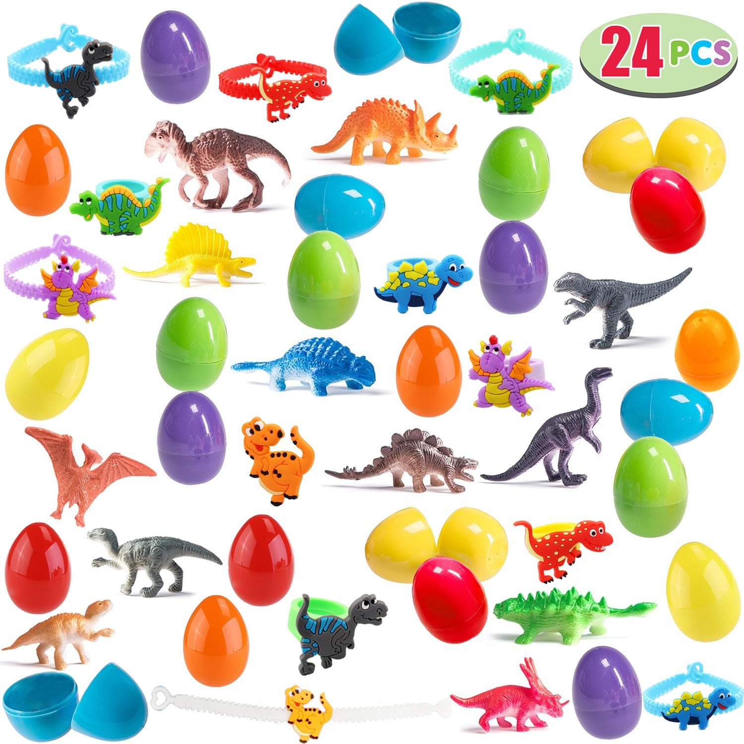 Easter Eggs with Prefilled Dinosaur Figures Toys Plastic Easter Basket Stuffers Easter Party Favors for Kids, 24 Pack