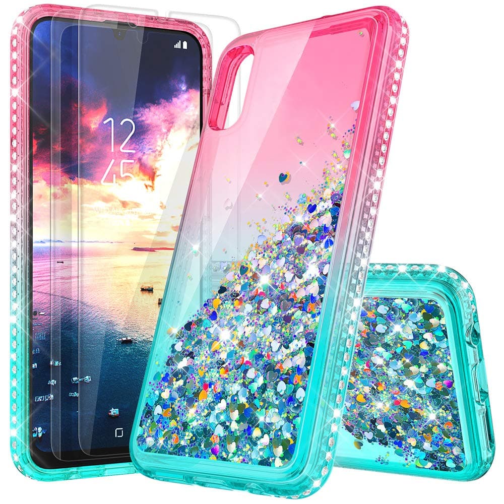 SUKCESO A70 Case with Screen Protector [2 Pack], A70s Case Anti Slip Full-Body Shockproof Protective, Girls and Women Glitter Bling Sparkle Moving Quicksand for Samsung A70 (Pink/Blue)