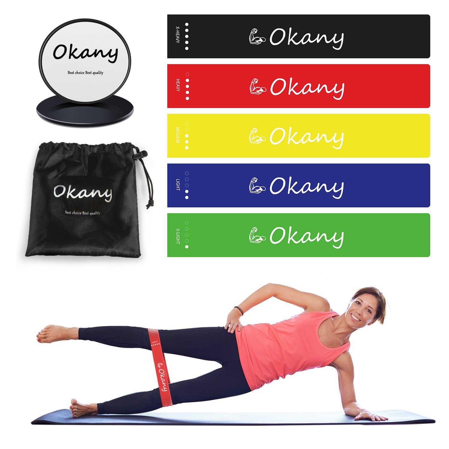 Okany Core Sliders Gliding Disk and 5 Exercise Resistance Loop Bands, Double-sided Sliding Discs, Resistance Bands for Intense, Low-Impact Exercises to Strengthen Core, Glutes, Abs Fitness