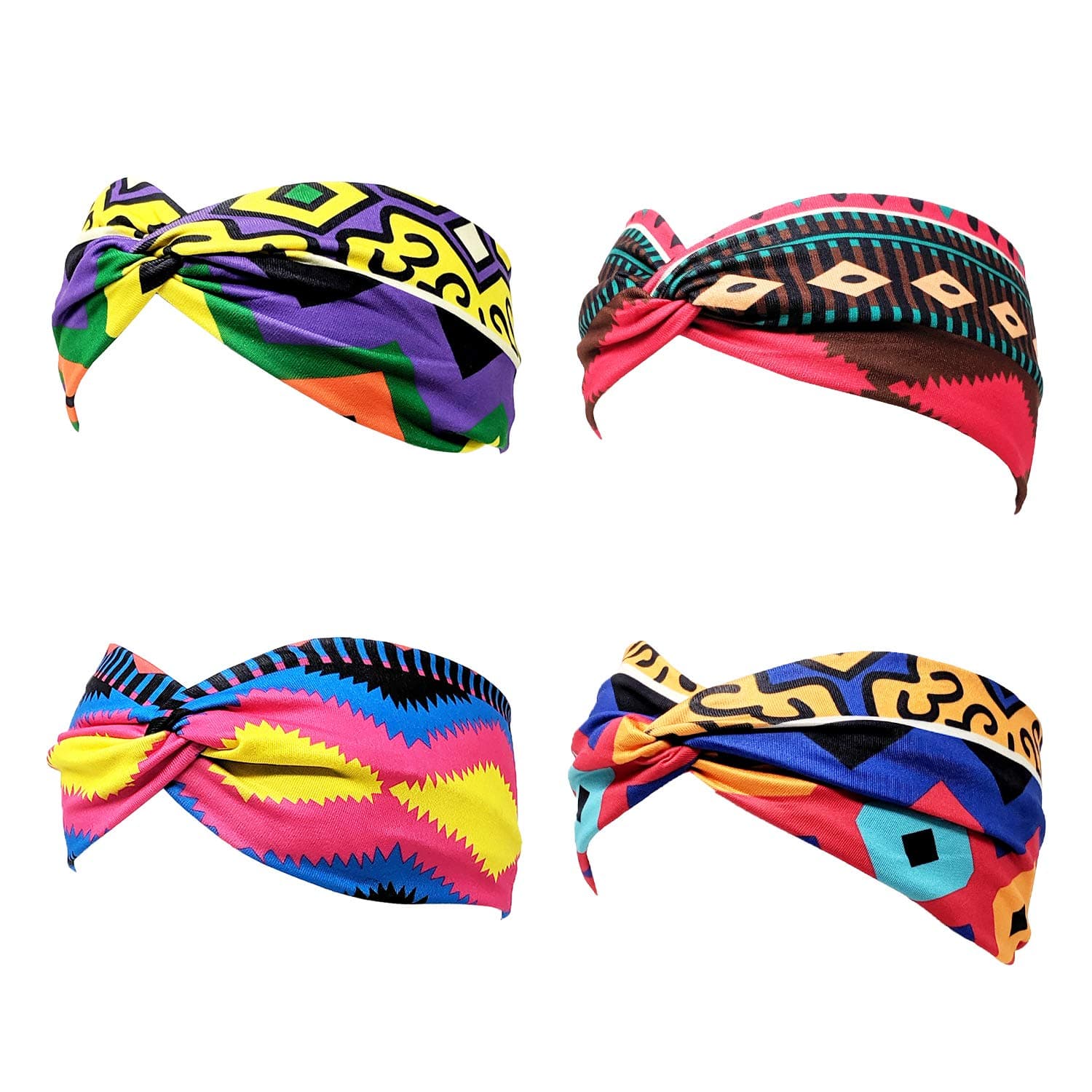 SIMPLICHIC - Funky Geometric Pattern Boho Headband Wraps with Knot (Pack of 4)
