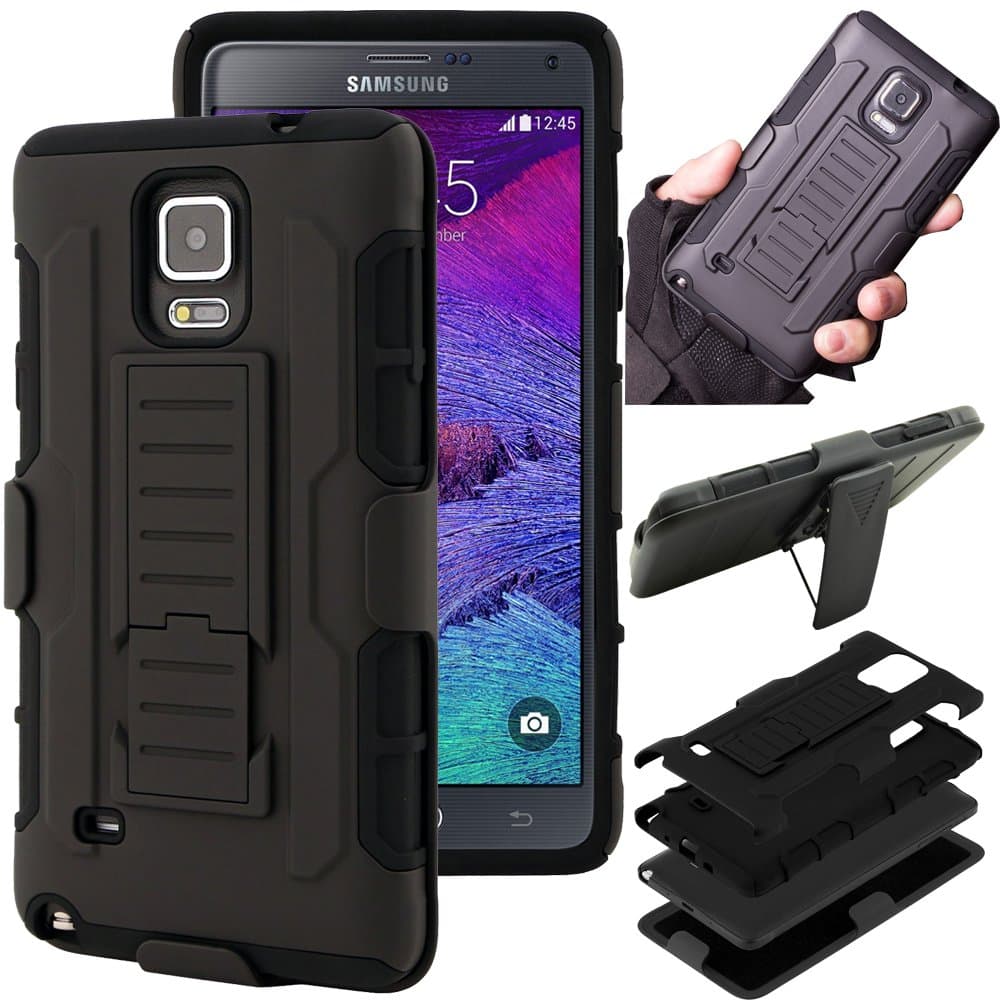 Kecko(TM) for Galaxy Note 4 Case,Defender Future Armor Shock-absorption Impact Resistant Military Extreme Duty Rugged Belt Clip Hybrid Fitted Case Skin with Kickstand&holster for Samsung Galaxy Note 4 IV--Black Kickstand Case Core+Swivel Holster