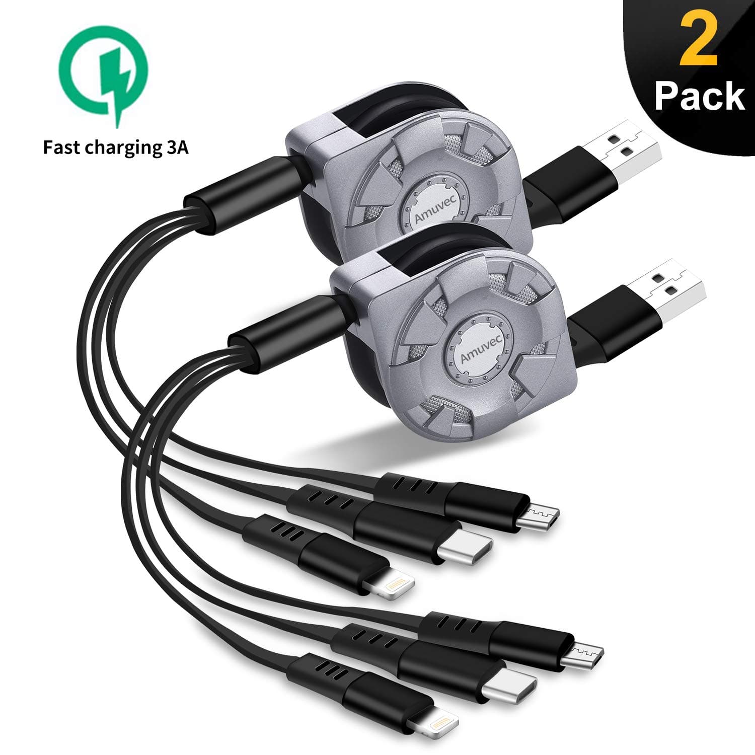 Amuvec 3 in 1 Charging Cable,Multi Retractable Fast Charge with iP/Type C/Micro USB Port Connector,Compatible with Phone Xs Xr X 8 7 Samsung Galaxy S10 S9 S8 Google Pixel LG HTC Huawei Xiaomi and More