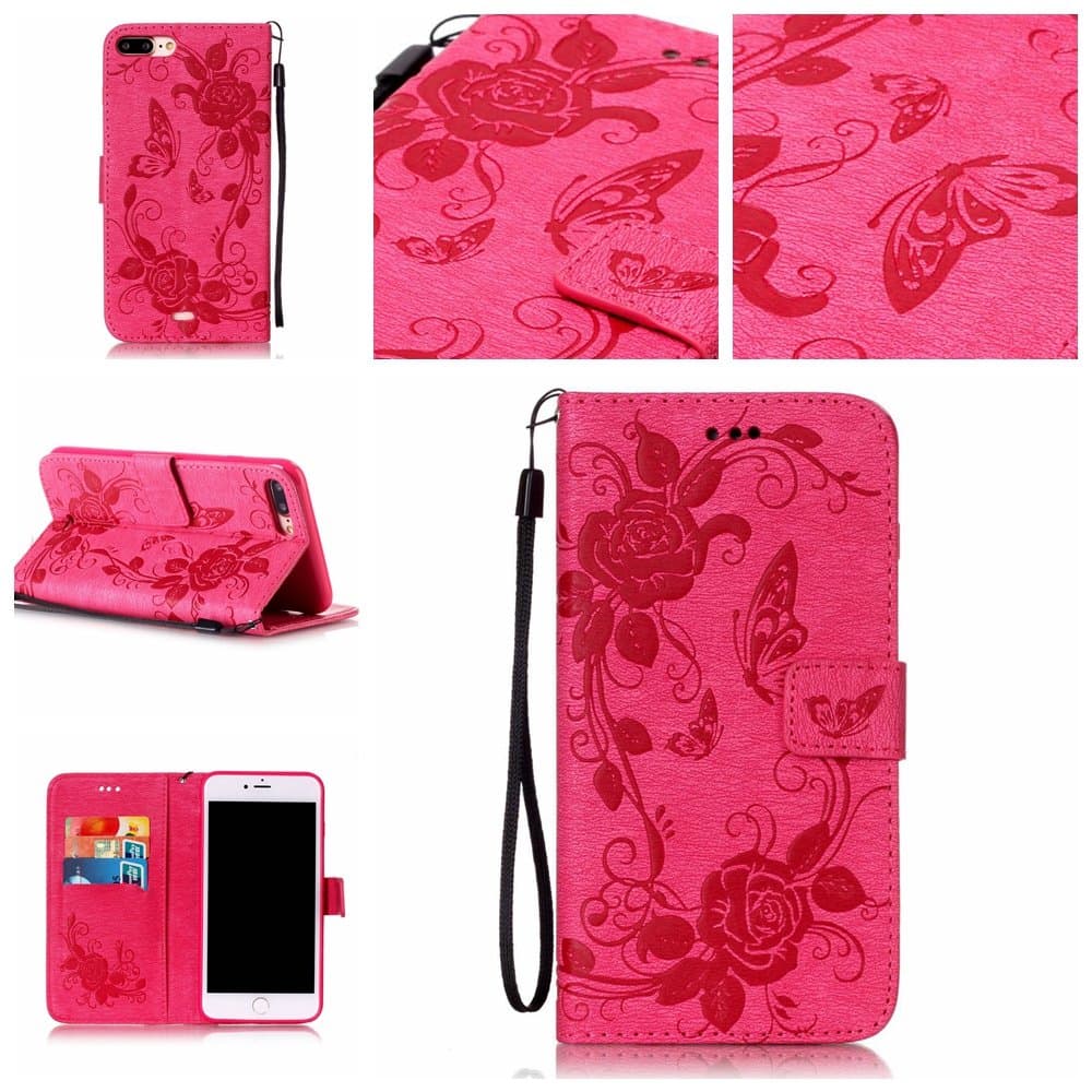 Ooboom® iPhone 8 Plus/iPhone 7 Plus Case PU Leather Wallet Stand Emboss Butterfly Flower Flip Cover with Card Slots Magnetic Closure Wrist Strap for iPhone 8 Plus/iPhone 7 Plus - Hot Pink
