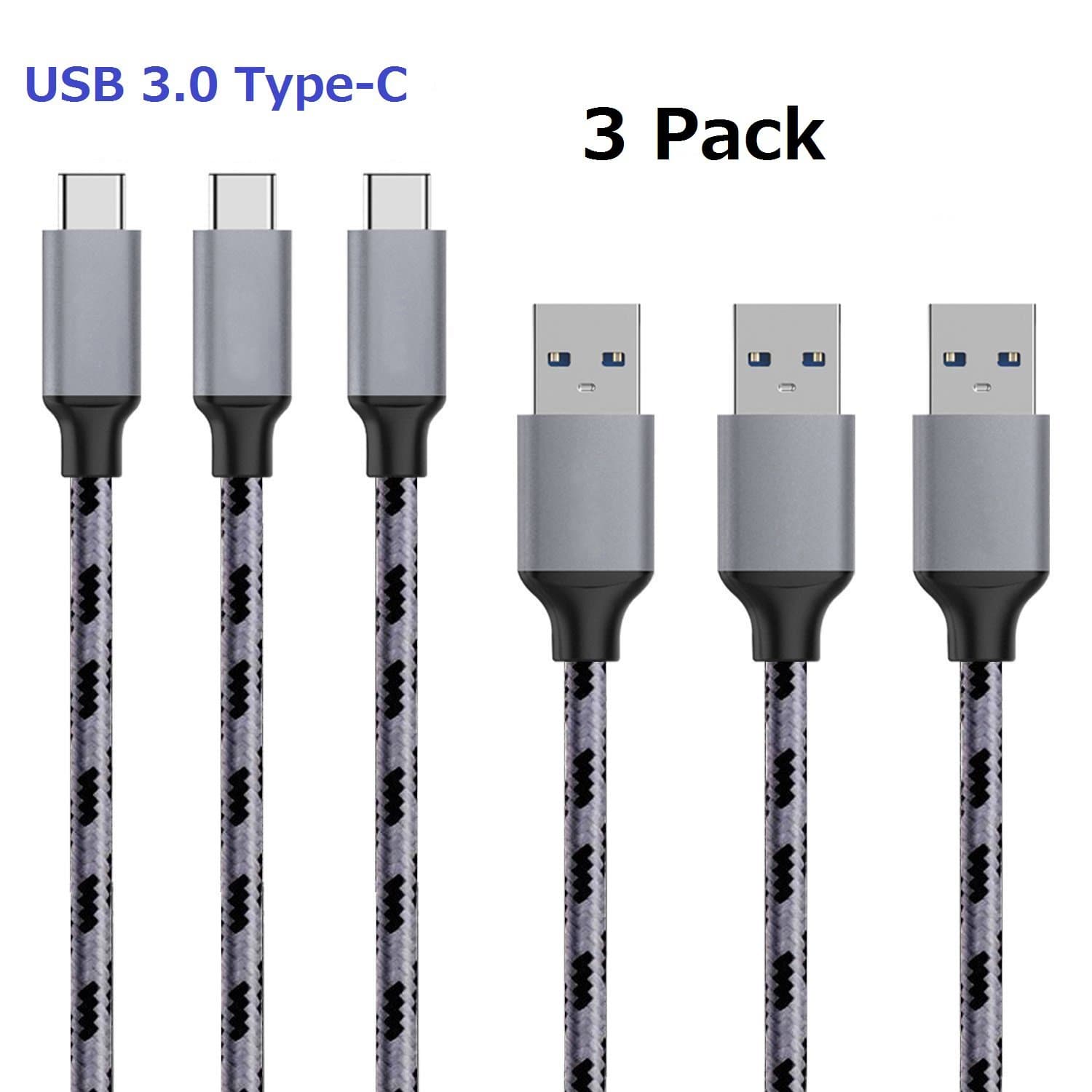 USB3.0 Type C cable, (3.3ft/3-Pack) USB C to USB 3.0 Cable Nylon Braided USB C Charger Cord For Samsung S8, S8 Plus, Nintendo Switch, Nexus 6P, Sony XZ, LG G5 G6, Google Pixel and More(black and grey)