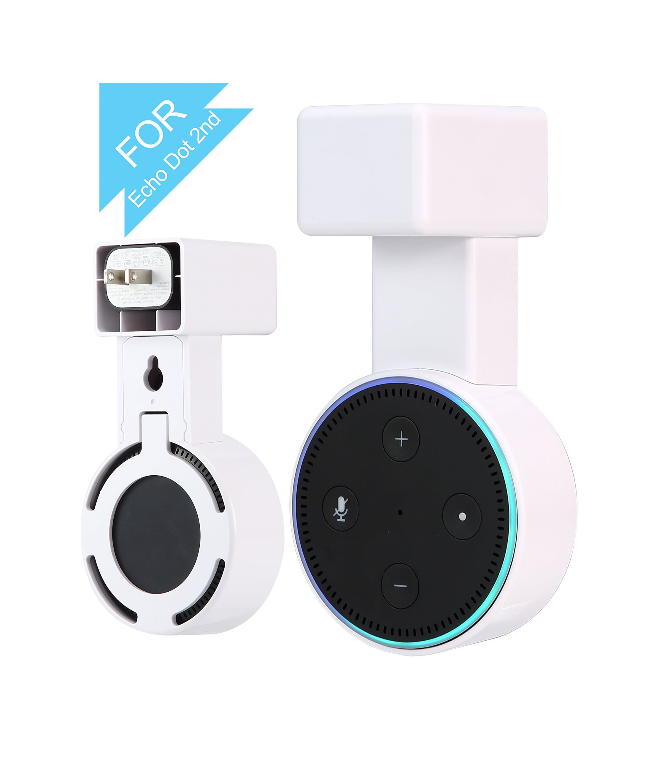 SUKIRA Outlet Wall Mount Hanger Stand Bracket Amazon Echo Dot 2nd Without Mess Wires Screws, Dot Accessories, Compact Holder Case Plug in Kitchens, Bathroom Bedroom (White) 1 Pack