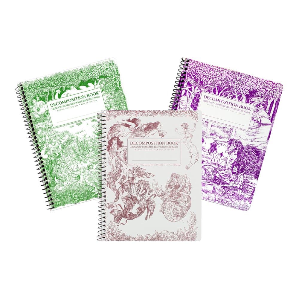 Michael Roger Press Decomposition Mythical Creatures Set, Three Total Designs: Fairy Tale Forest, Mermaids & Gardening Gnomes, Each notebook measures 7.5 by 9.5 Inches, Wirebound, Made in the USA