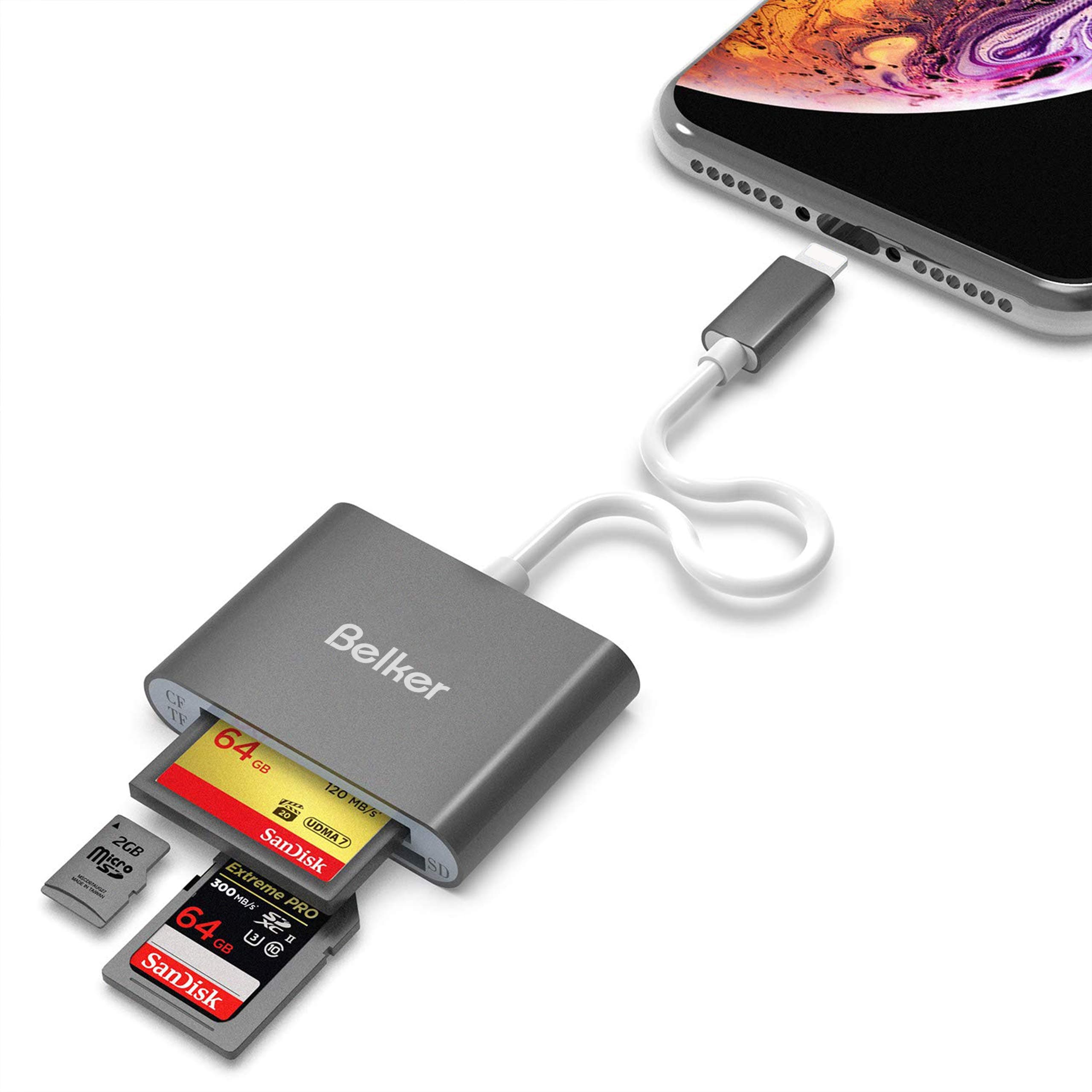 CF Card Reader for iPhone Belkertech iPhone SD Card Reader Memory Card Reader Work with Compact Flash (CF), SDXC, SDHC, SD, Micro SD/TF Card for iPhone/iPad/iPad pro-Space Grey