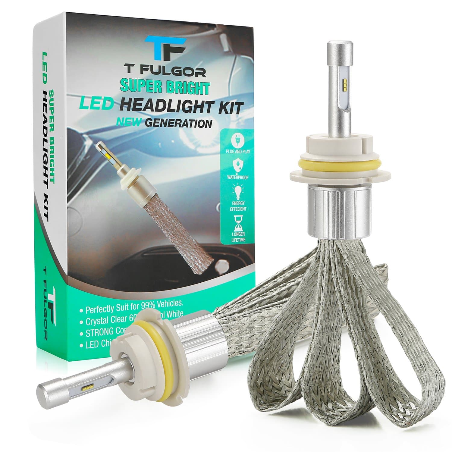 T FULGOR Super Bright LED Headlight Bulbs Conversion Kit with Cool White light, eight LED chips, Purple copper braid, 40w, 11,000lm, 6000K, one year warranty, 1 pair (9007)