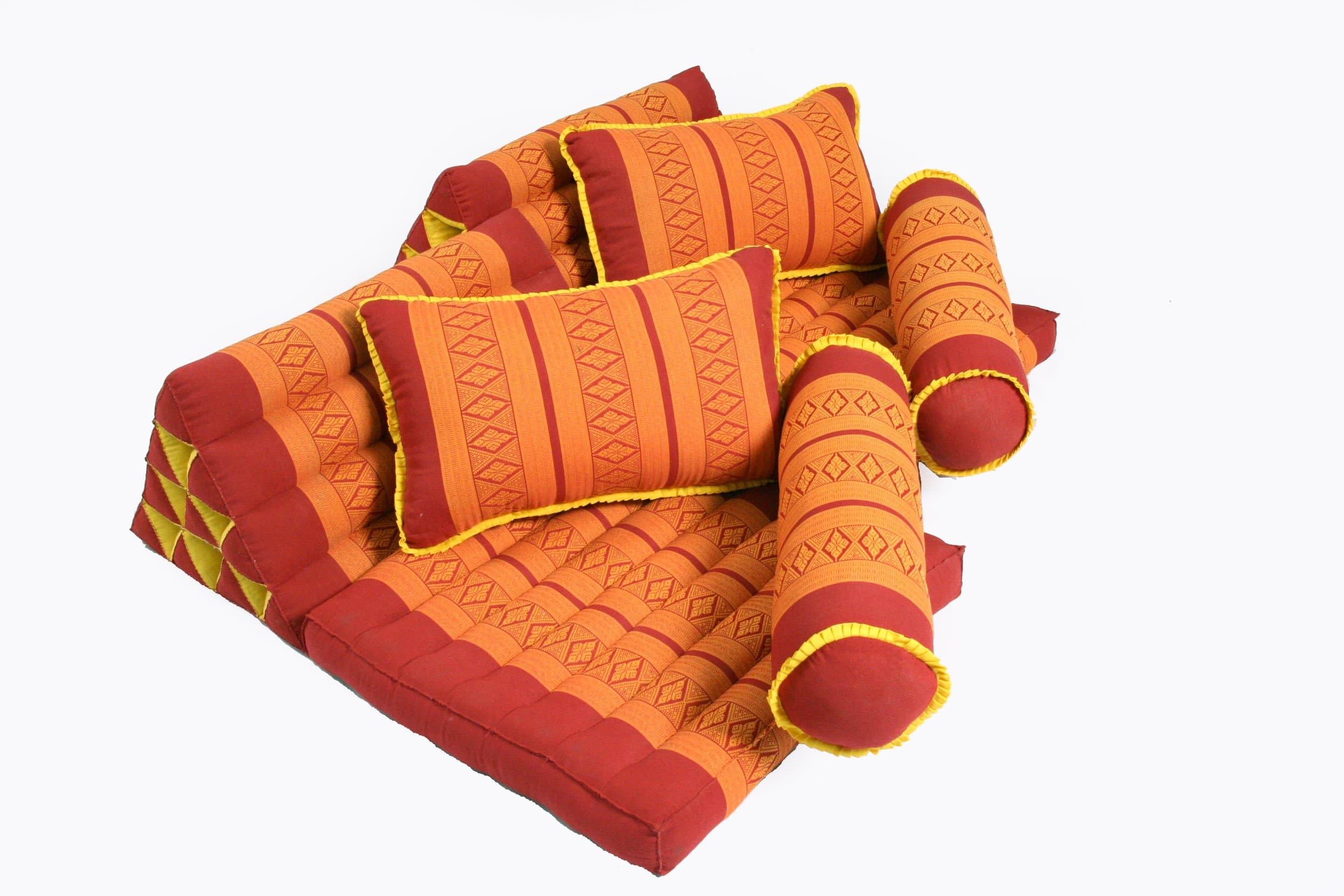 Handelsturm Thai Cushion Set: 2x Foldable Mat with triangular headrest + 2x Pillows + 2x Bolster 100% Kapok, Red & Orange