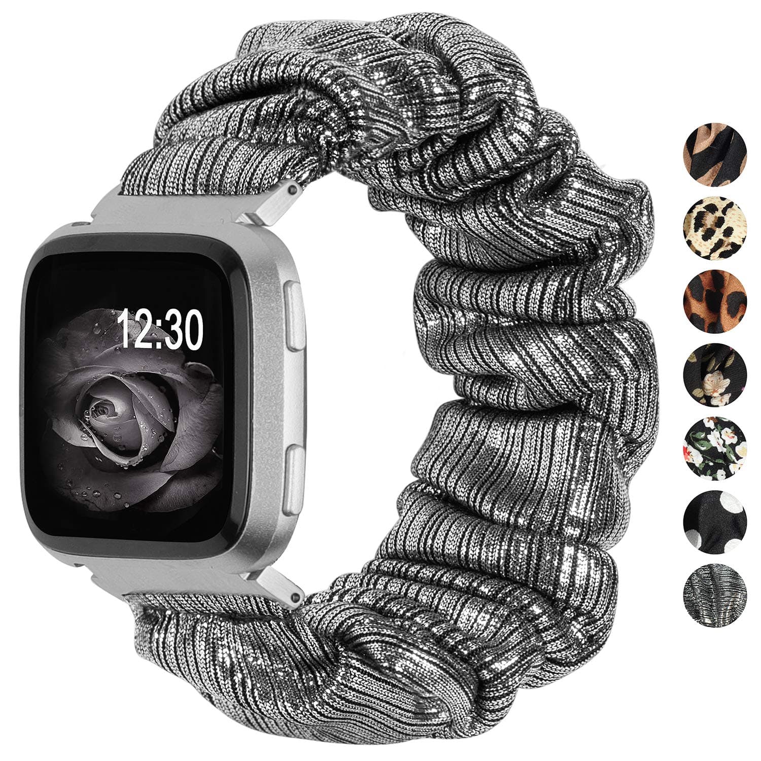 Scrunchie Bands Compatible with Fitbit Versa/Versa 2/Versa Lite Special Edition Women Elastic Fabric Strap Pattern Replacement Bracelet Wristband Accessories (Shiny Silver, Small)