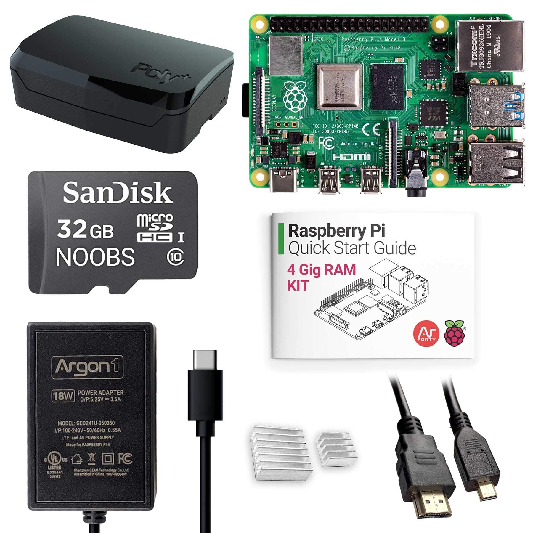 Argon x Raspberry Pi 4 (4 Gig) Kit | Barebones with Raspberry Pi 4 Case | Pre-Installed Noobs | Includes Micro HDMI to HDMI Cable, Type-C Power Supply, Quick Start Guide for Raspberry Pi 4