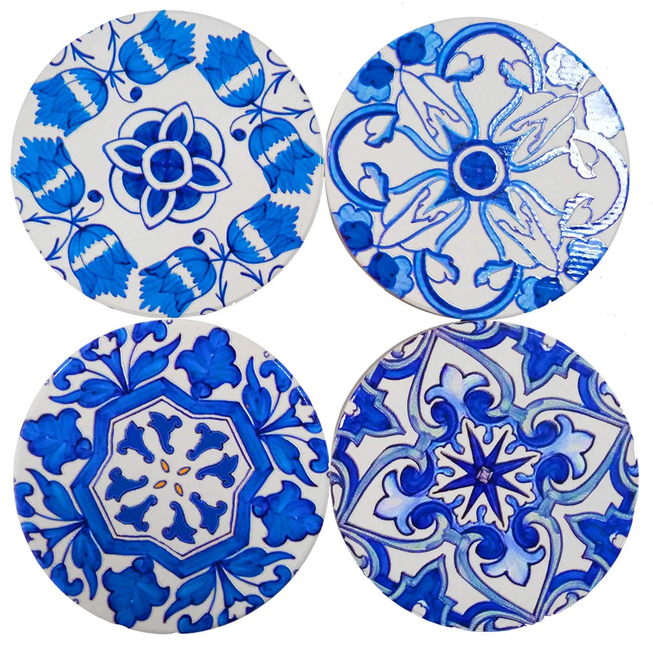 3D Printed Blue Coasters with Glossy Patterns,Absorbent Ceramic Coasters for Drinks,Adorable Stone Coaster Set of 4,Table Additions Cup Holder Coffee Pads with Cork Base Protection.(Blue x 4)