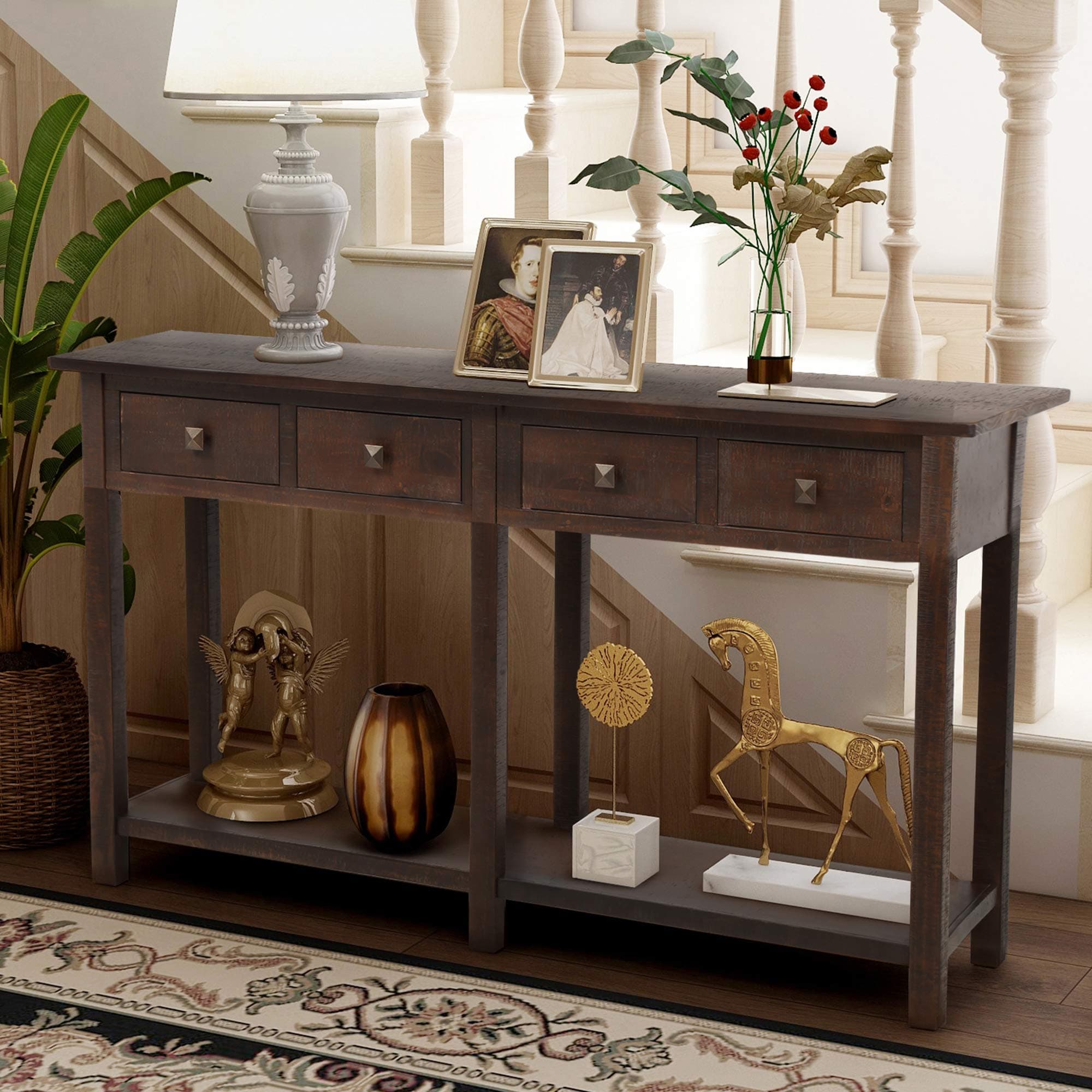 Retro Console Table Sofa Table for Entryway with Drawers and Shelf Living Room Sideboard (Espresso)