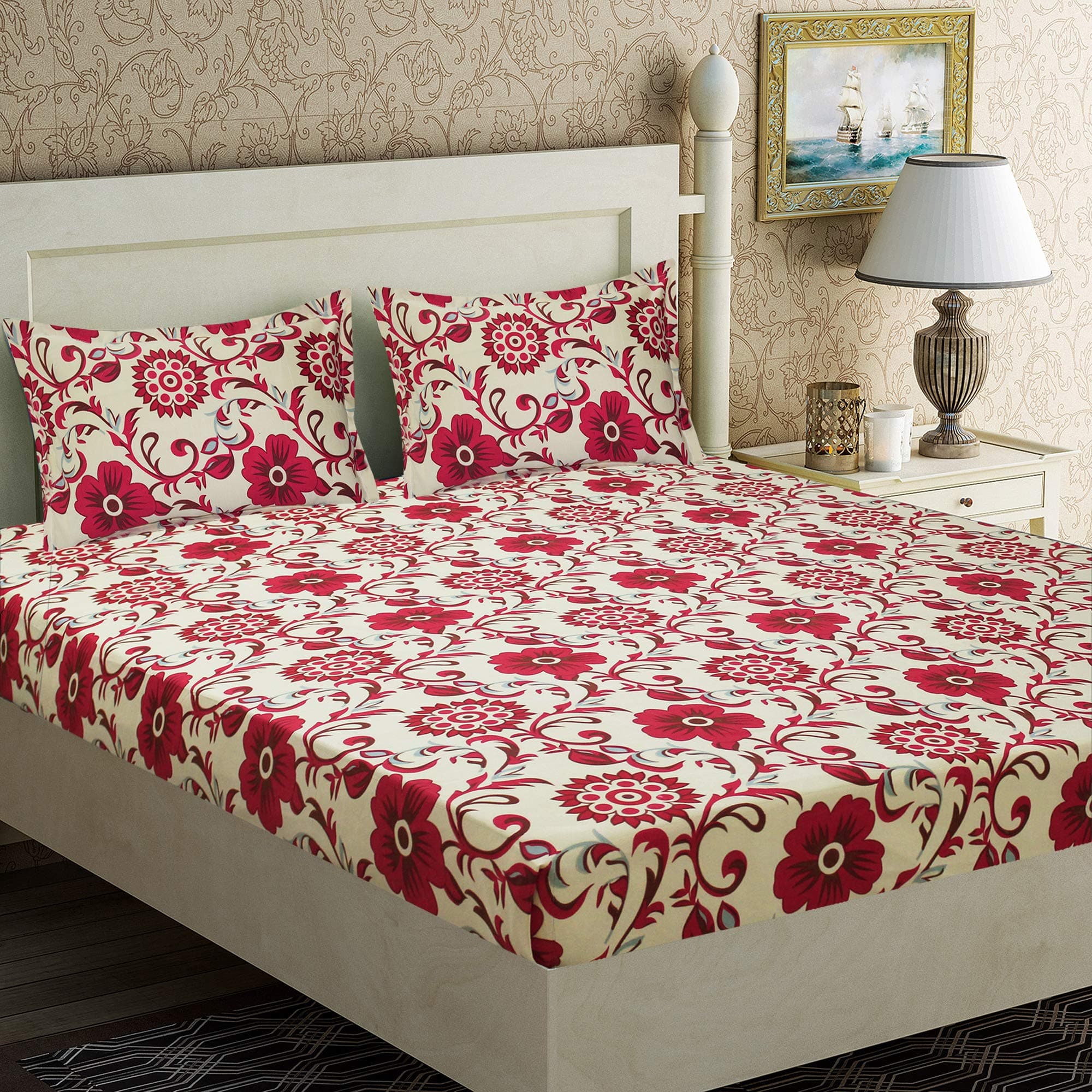Home Candy Charming Red Microfiber Double Bed Sheet with 2 Pillow Covers