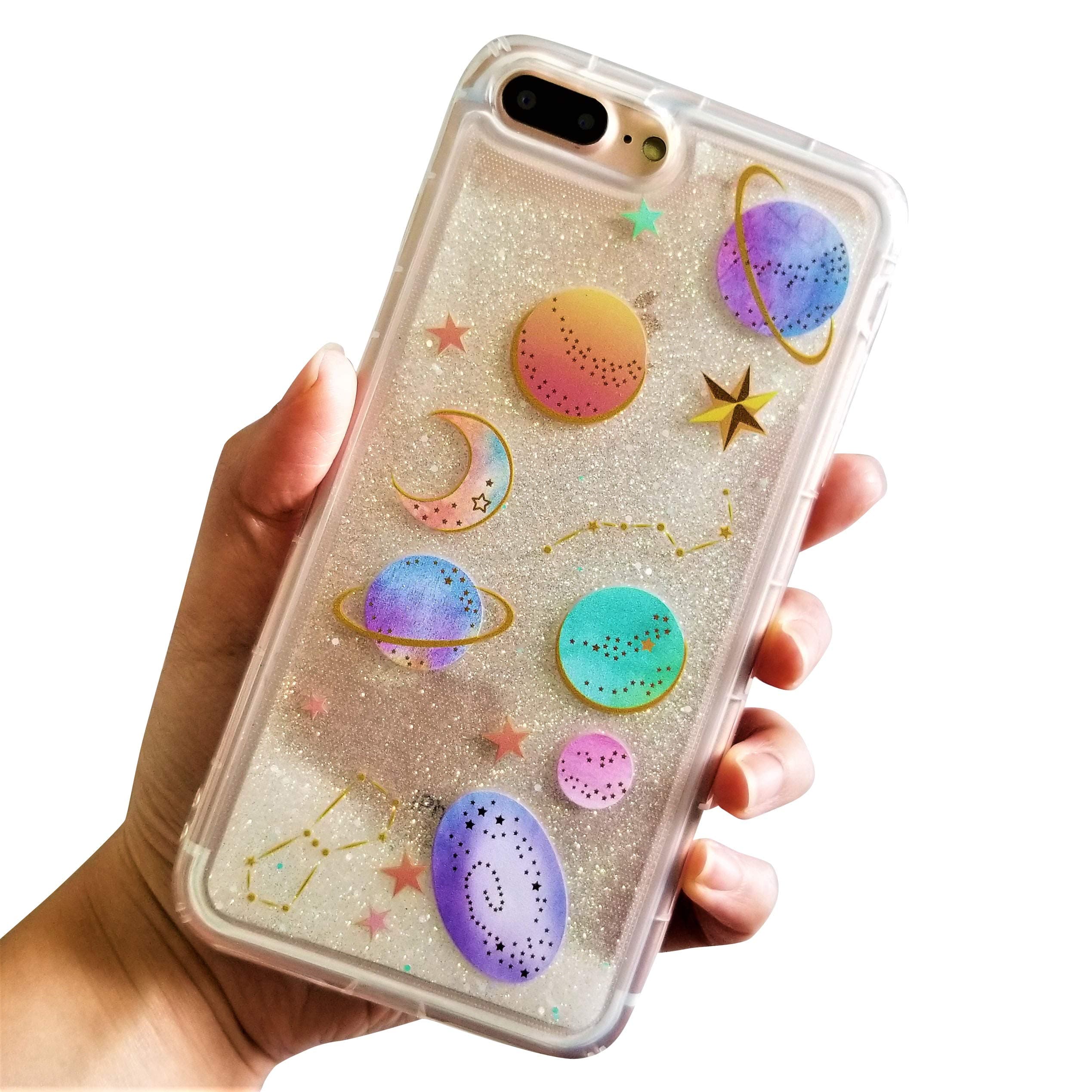 for iPhone 7 Plus 5.5" for iPhone 8 Plus 5.5" Cute Clear Transparent Floating Moon Stars Planet Outer Space Liquid Waterfall Bling Glitter Soft Case