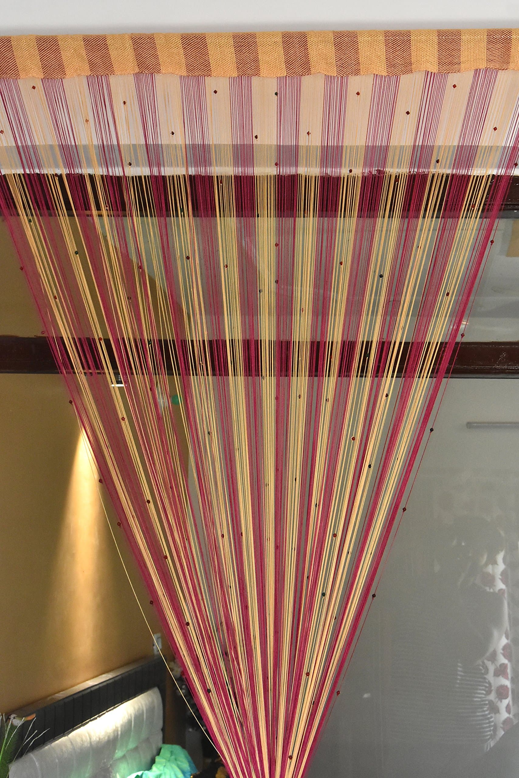 HFI 1 Piece Polyester Threads String Door Curtain - 7ft, Pink-Beige