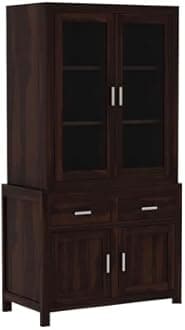 AMAZART FURNITURE Solid Sheesham Wood Sideboard Cabinet for Living Room | Wooden Crockery Cabinet with 2 Acrylic Glass Doors, 2 Door Cabinet & 2 Drawers | Kitchen Display Unit | Walnut